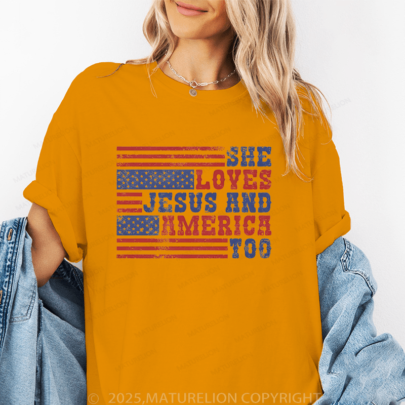 Maturelion Women's T-Shirt She Loves Jesus And America Too Funny T-Shirt