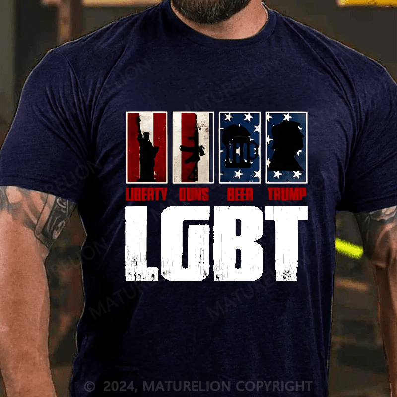 Maturelion American Flag LGBT Liberty Guns Beer Funny Cotton T-shirt