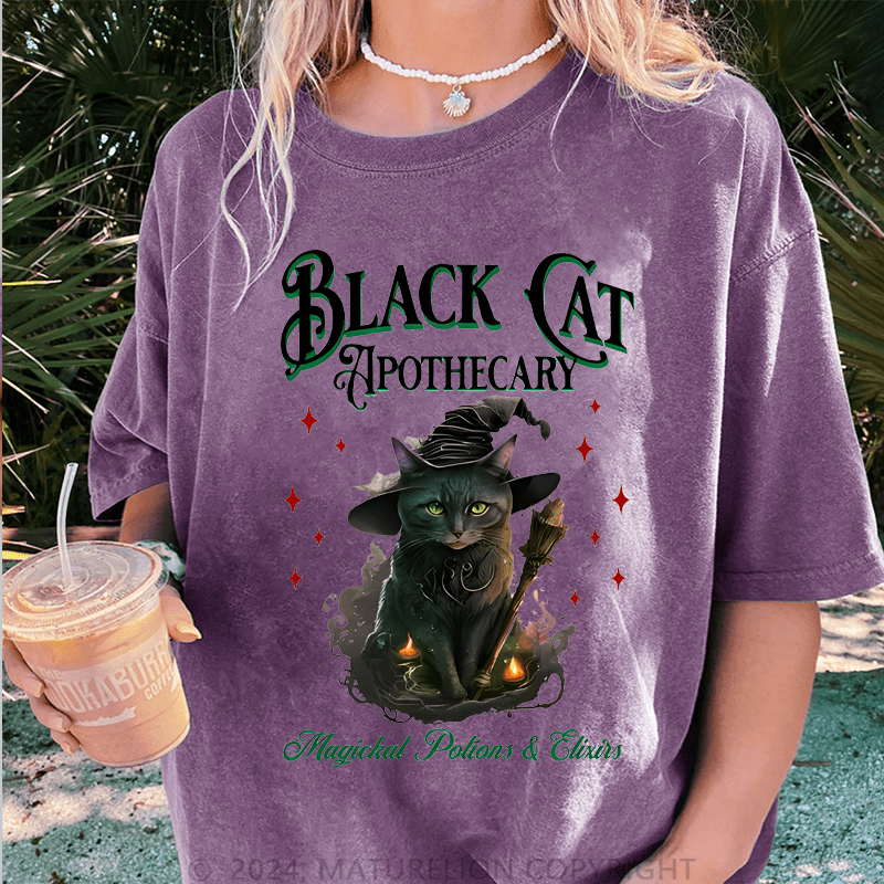 Maturelion Halloween Black Cat Apothecary Halloween Casual DTG Printing Washed Cotton T-Shirt