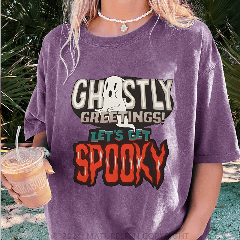 Maturelion Halloween Chosty Greetings! Let's Get Spooky DTG Printing Washed Cotton T-Shirt