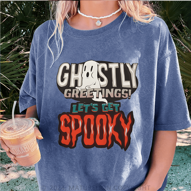 Maturelion Halloween Chosty Greetings! Let's Get Spooky DTG Printing Washed Cotton T-Shirt