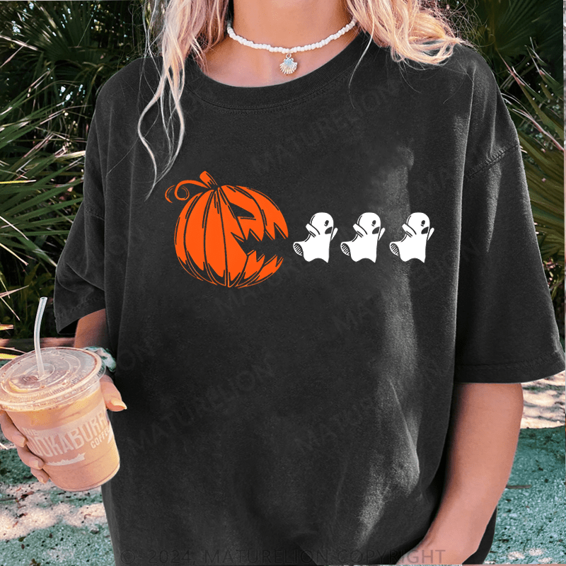 Maturelion Halloween Ghost Pumpkin DTG Printing Washed Cotton T-Shirt