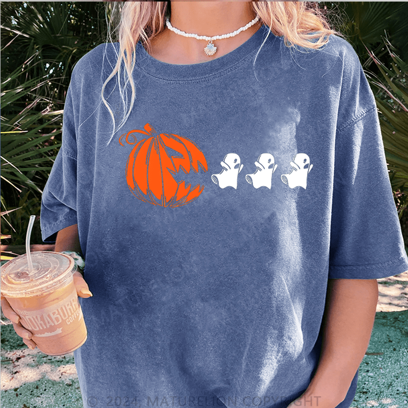 Maturelion Halloween Ghost Pumpkin DTG Printing Washed Cotton T-Shirt