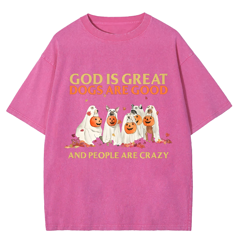 Maturelion Halloween God Is Great Dogs Are Good And People Are Crazy DTG Printing Washed Cotton T-Shirt