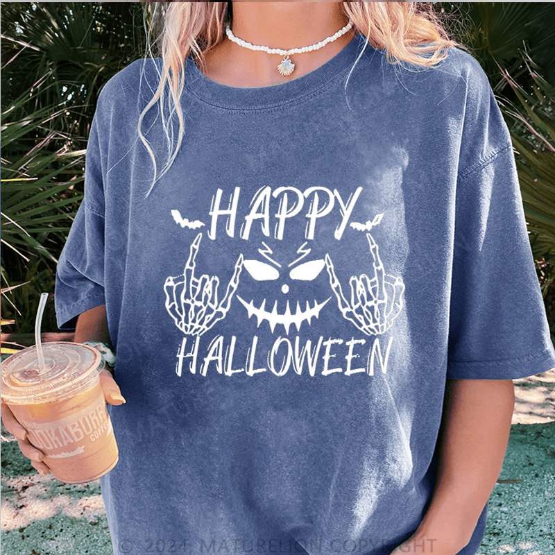 Maturelion Halloween Happy Funny DTG Printing Washed Cotton T-Shirt