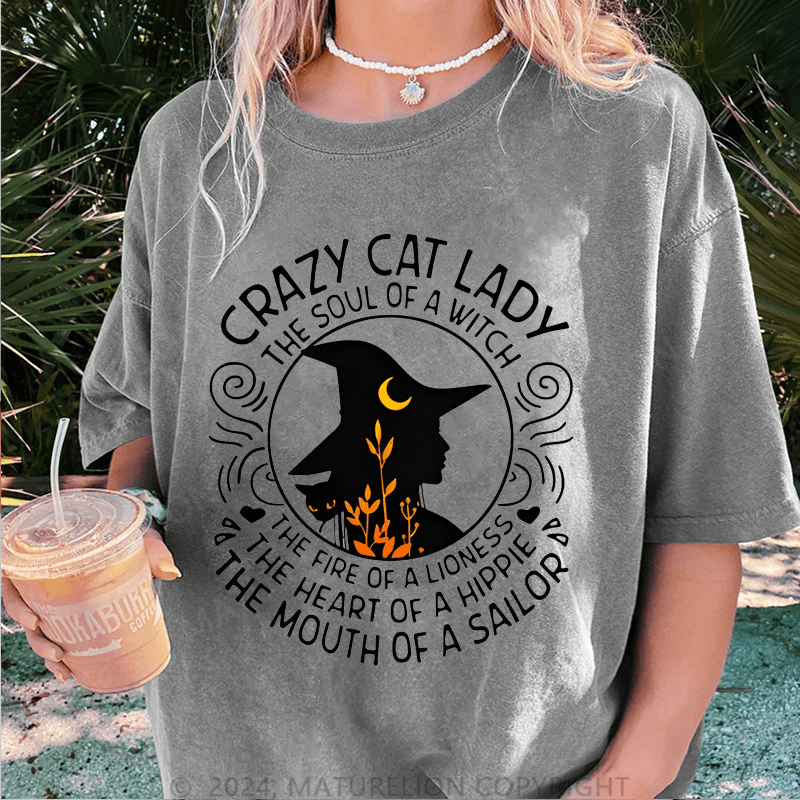 Maturelion Halloween Happy Halloween Lady Witch Casual DTG Printing Washed Cotton T-Shirt