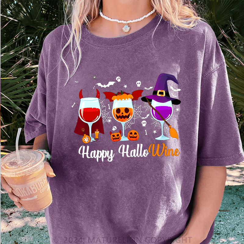 Maturelion Halloween Happy Hallowine Funny Wine DTG Printing Washed Cotton T-Shirt