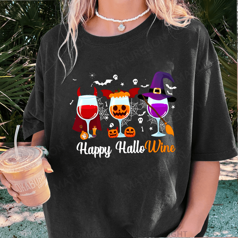 Maturelion Halloween Happy Hallowine Funny Wine DTG Printing Washed Cotton T-Shirt