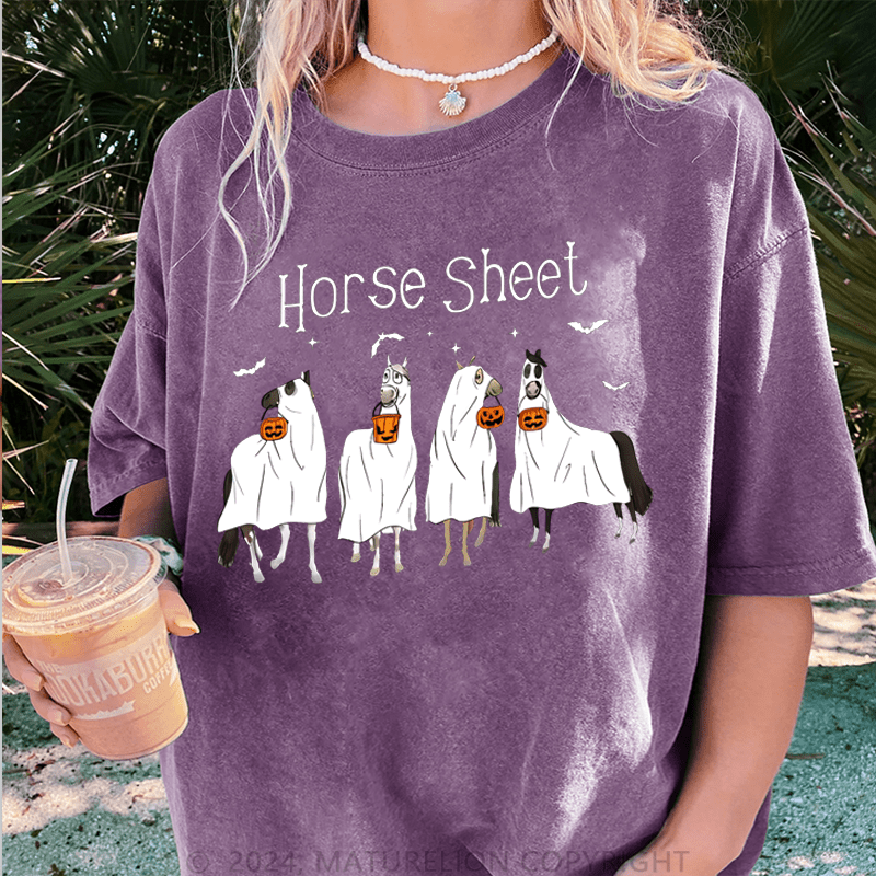 Maturelion Halloween Horse Sheet Ghost Horses Funny Halloween DTG Printing Washed Cotton T-Shirt