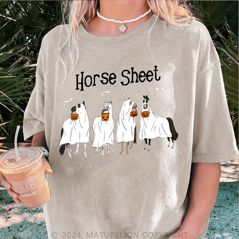 Maturelion Halloween Horse Sheet Ghost Horses Funny Halloween DTG Printing Washed Cotton T-Shirt