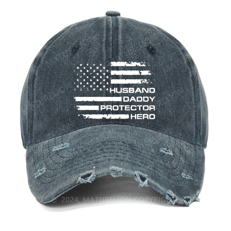 Maturelion Husband Daddy Protector Hero Fathers Day Camo American Flag Washed Vintage Cap