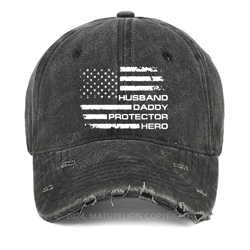 Maturelion Husband Daddy Protector Hero Fathers Day Camo American Flag Washed Vintage Cap