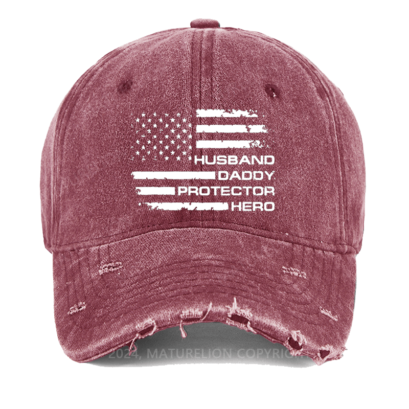 Maturelion Husband Daddy Protector Hero Fathers Day Camo American Flag Washed Vintage Cap