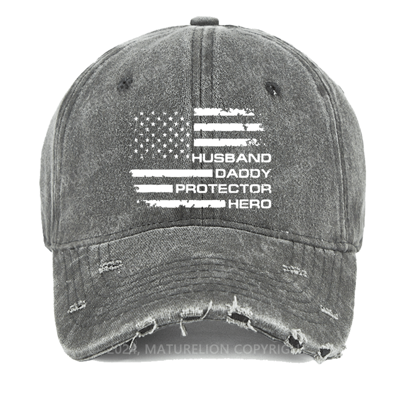 Maturelion Husband Daddy Protector Hero Fathers Day Camo American Flag Washed Vintage Cap