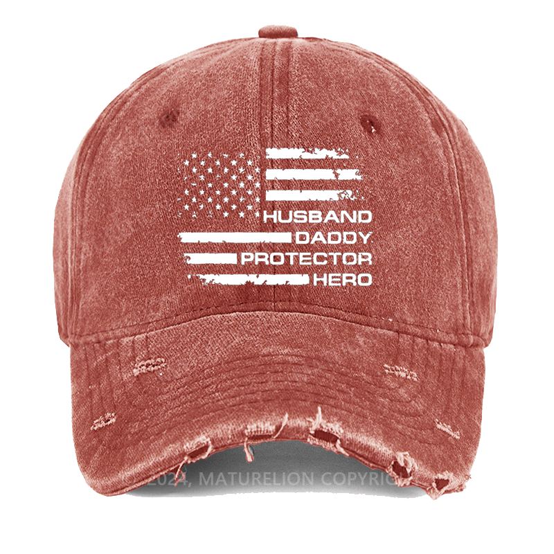 Maturelion Husband Daddy Protector Hero Fathers Day Camo American Flag Washed Vintage Cap