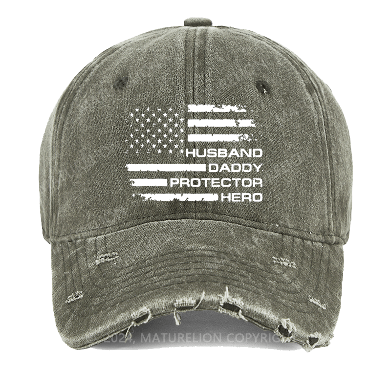 Maturelion Husband Daddy Protector Hero Fathers Day Camo American Flag Washed Vintage Cap