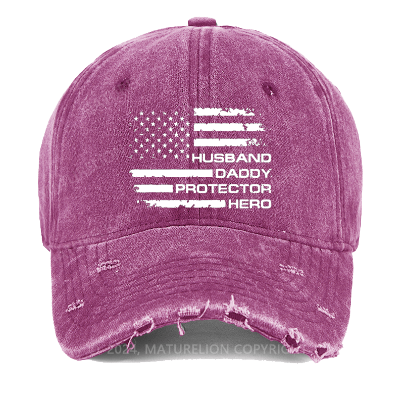 Maturelion Husband Daddy Protector Hero Fathers Day Camo American Flag Washed Vintage Cap