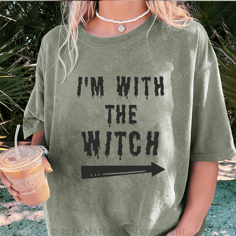 Maturelion Halloween I'm With The Witch DTG Printing Washed Cotton T-Shirt