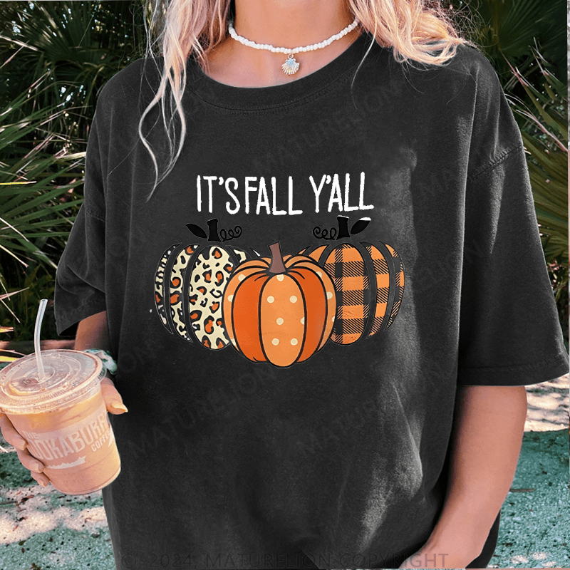 Maturelion Halloween It's Fall Y'all Halloween DTG Printing Washed Cotton T-Shirt