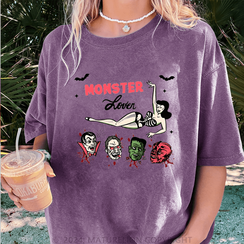 Maturelion Halloween Monster lover Halloween FUNNY  DTG Printing Washed Cotton T-Shirt