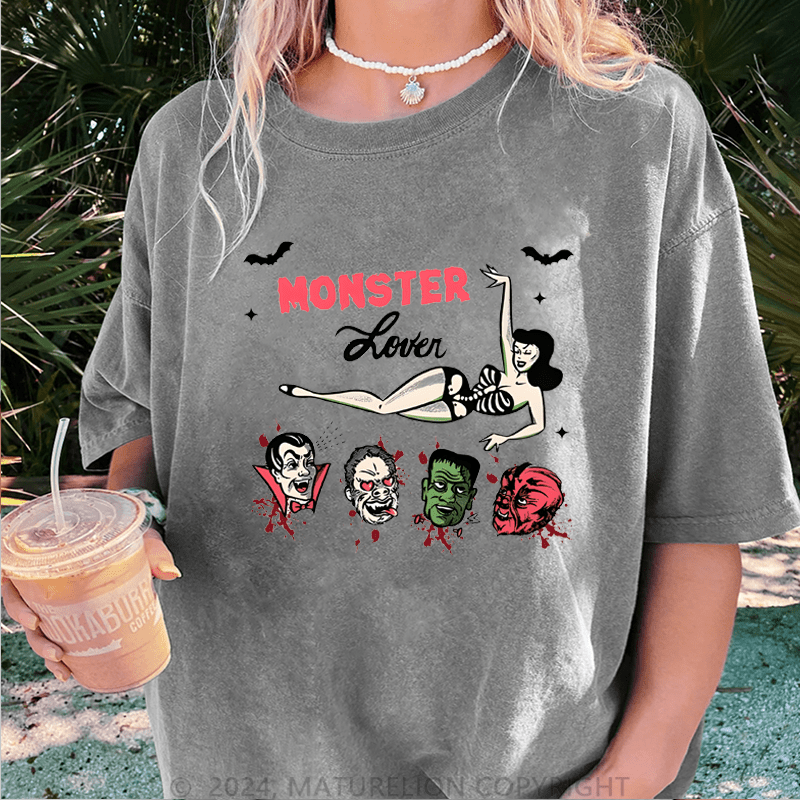 Maturelion Halloween Monster lover Halloween FUNNY  DTG Printing Washed Cotton T-Shirt