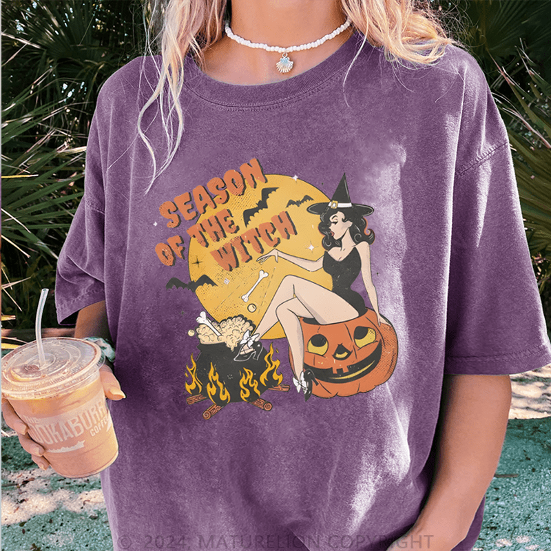 Maturelion Halloween Season Of The Witch Halloween DTG Printing Washed Cotton T-Shirt