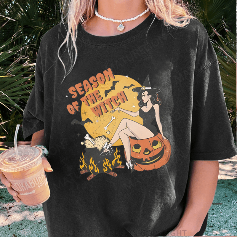 Maturelion Halloween Season Of The Witch Halloween DTG Printing Washed Cotton T-Shirt