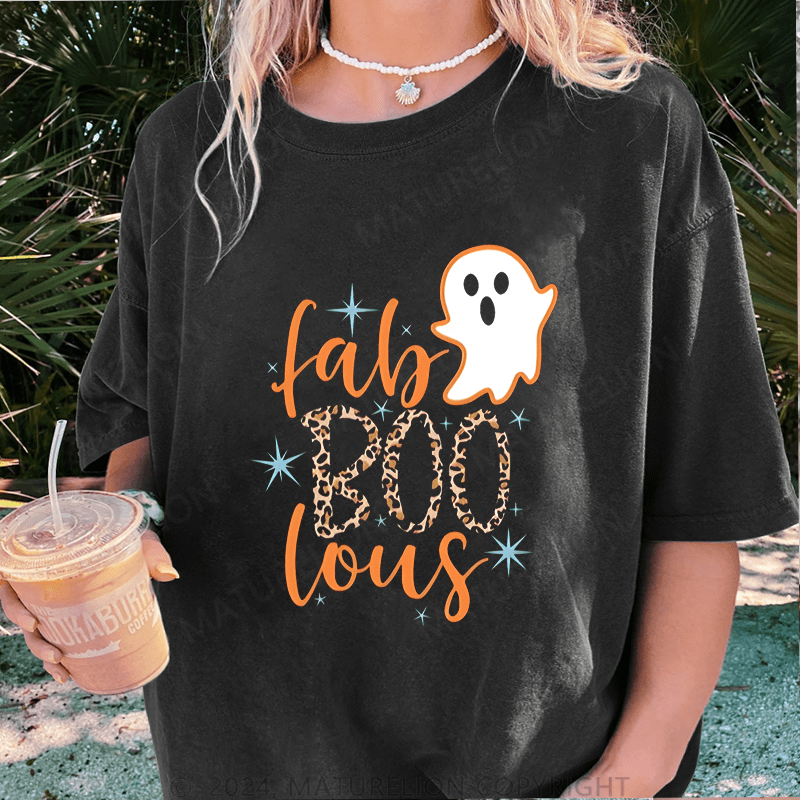 Maturelion Halloween Super Cute Fab BOO Lous, Leopard Halloween DTG Printing Washed Cotton T-Shirt