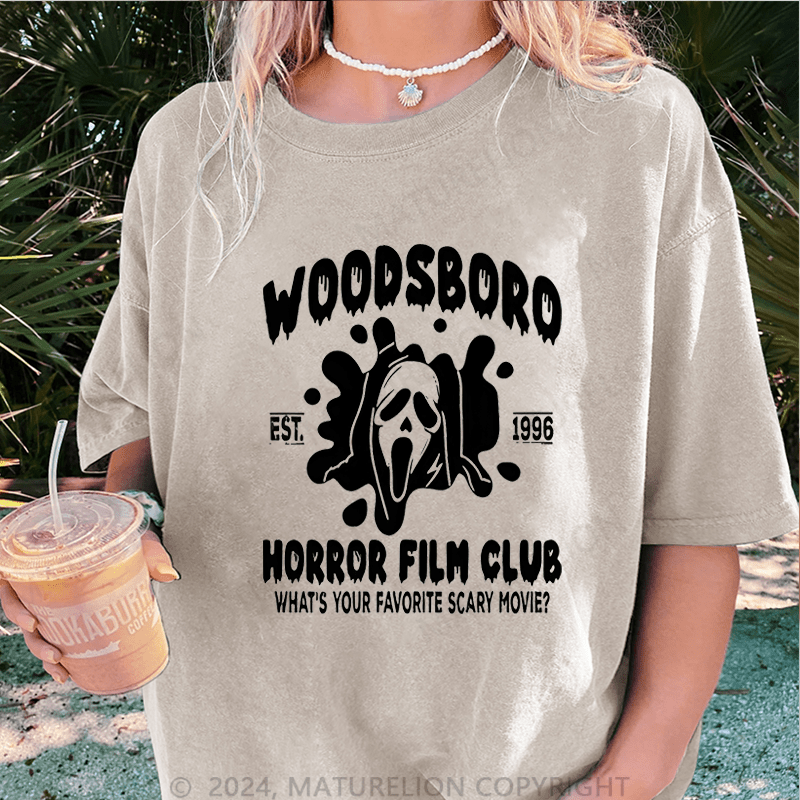 Maturelion Halloween Woodsboro Est 1996 Horror Film Club What's Your Favorite Scary Movie DTG Washed T-Shirt