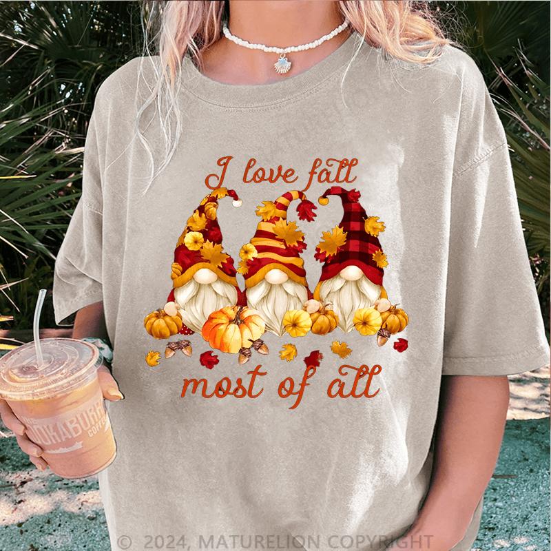 Maturelion Halloween I Love Fall Most Of All Gnomes DTG Printing Washed Cotton T-Shirt