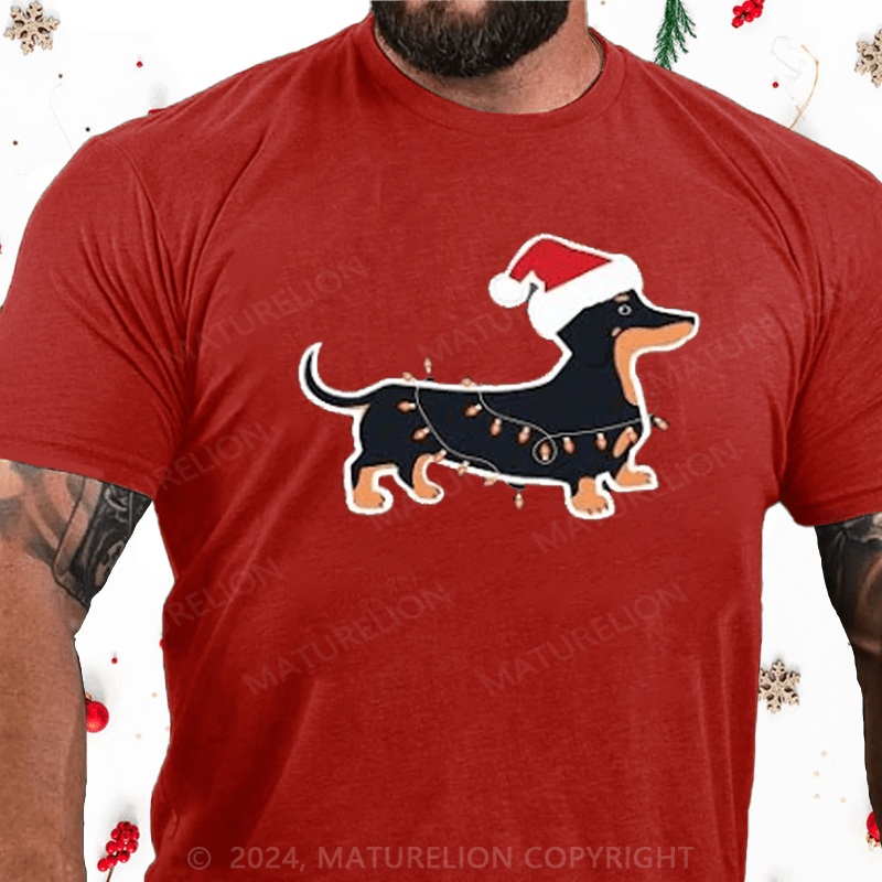 Maturelion Christmas T-Shirt Cute Weiner Dog Christmas Lights Graphic Printed Short Sleeve T-Shirt