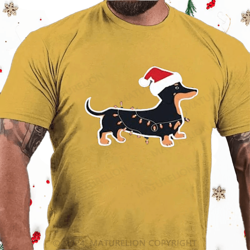 Maturelion Christmas T-Shirt Cute Weiner Dog Christmas Lights Graphic Printed Short Sleeve T-Shirt