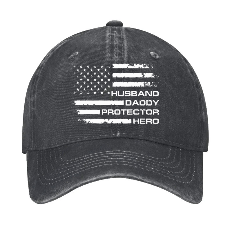 Husband Daddy Protector Hero Fathers Day Camo American Flag Cap