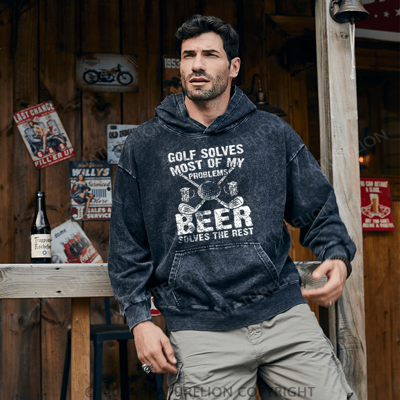 Maturelion Men's Hoodie Golf Solves Most of My Problems Beer Solves the Rest Washed Hoodies