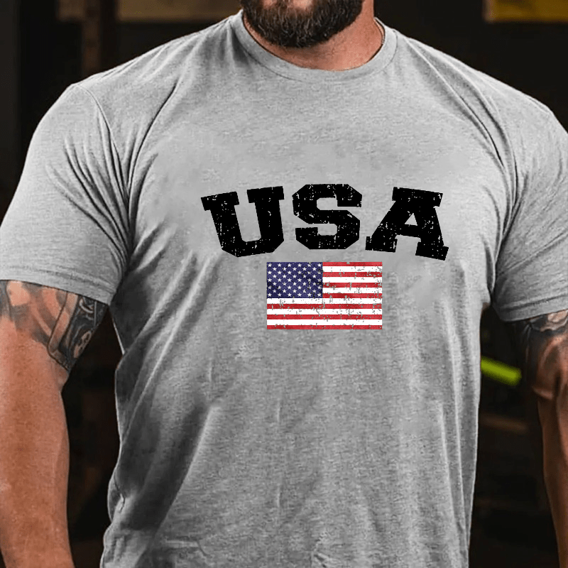 USA Distressed Flag American Pride Red White and Blue Cotton T-shirt