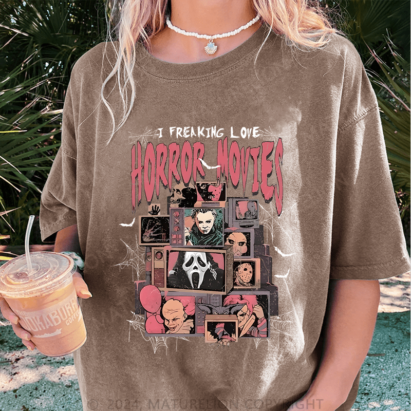 Maturelion Halloween I Freaking Love Horror Movies DTG Printing Washed Cotton T-Shirt