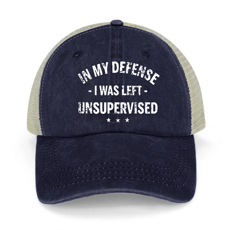 In My Defense I Was Left Unsupervised Washed Denim Mesh Back Cap