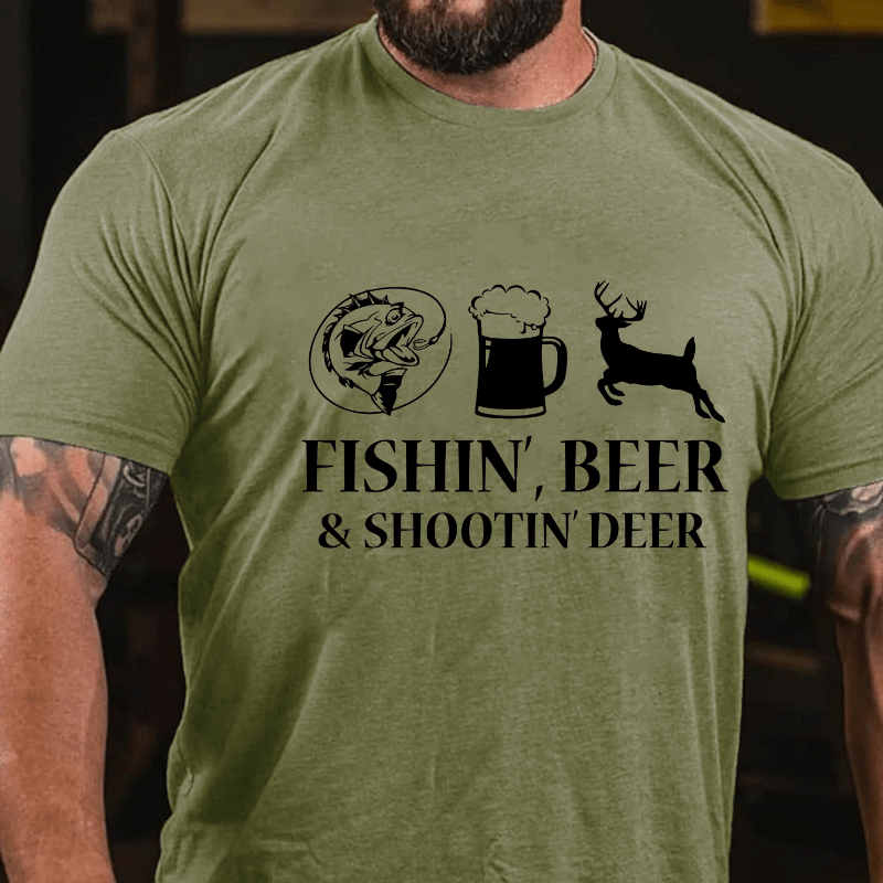 Fishin', Beer & Shootin' Deer Funny Print Cotton T-shirt