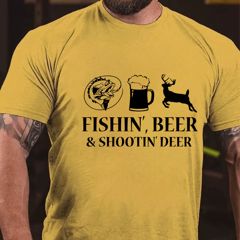 Fishin', Beer & Shootin' Deer Funny Print Cotton T-shirt