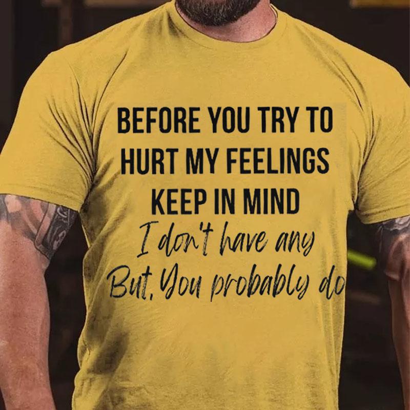 Before You Try To Hurt My Feelings Keep In Mind I Don't Have Any But You Probably Do Cotton T-shirt